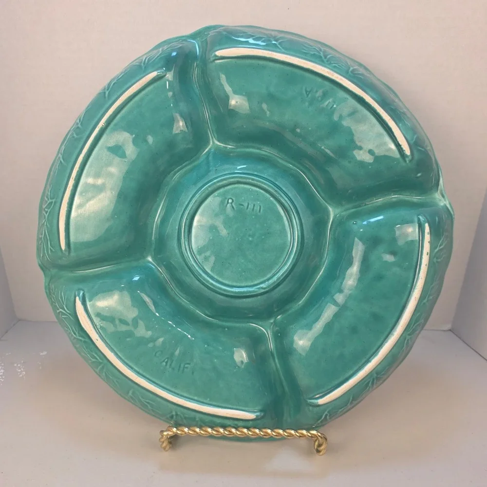 VTG Majolica Cabbage Leaf 5-Section Serving Dish‎ California Pottery R111 Green